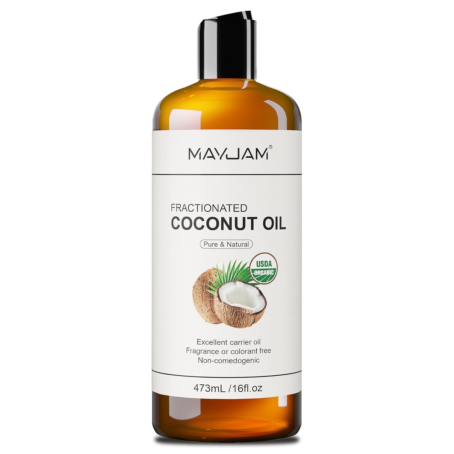 Mayjam Organic Fractionated Coconut Oils Liquid 16Oz, 100% Pure & Natural Usda Certified Cold Pressed Coconut Carrier Oil For Face Skin & Hair Moisturizing, Body Massage Oil For Essential Oils Mixing