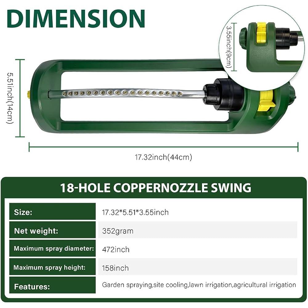 Lawn Sprinkler, 18 Brass Nozzles Garden Water Oscillating Sprinkler For Yard Covers Up To 3,600 Sq.Ft, Heavy Weight Base, Built-In Spray Jet Cleaning Needle, Green, Yellow