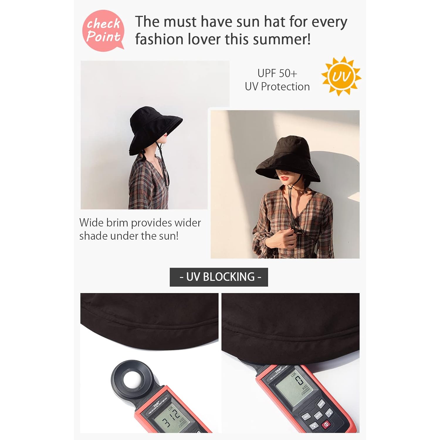 Wide Brim Bucket Hat - UPF50+ Protection Travel Beach Sun Hat with Semi-Rigid Adjustable Foldable Brim