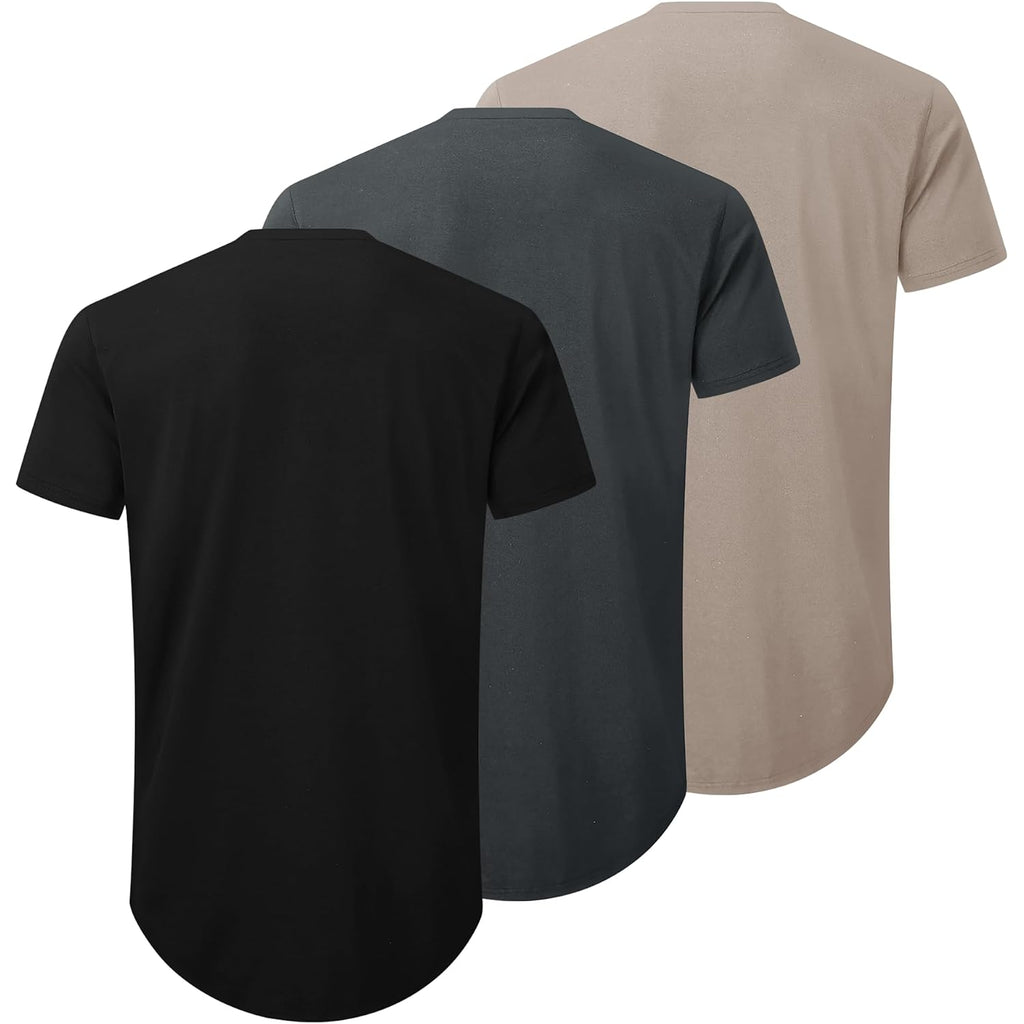Mens 3 Pack Plain Cotton Shirts Short Sleeve Casual Crew Neck T-Shirts Hipster Hip Hop Longline Tees Drop Cut Curved Hem