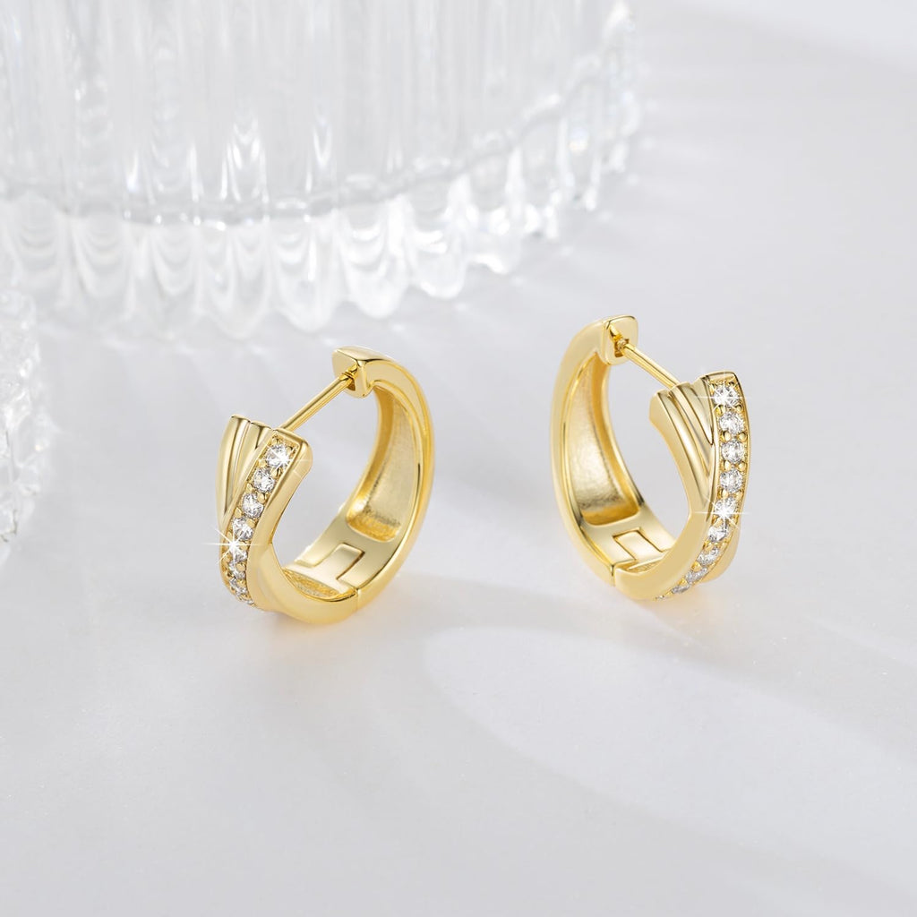 Gold Hoop Earrings 14K Gold Earrings for Women Thick Small Diamond 14K Gold Hoop Earrings for Women X-shaped Huggie Earrings 17mm
