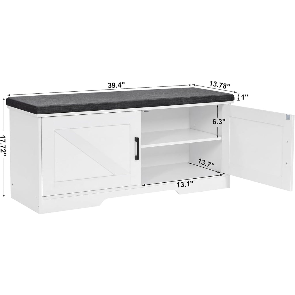 Homsho Farmhouse Shoe Storage Bench With 2 Barn Doors & Padded Seat Cushion | 39.4" Wide Entryway Bench With Adjustable Shelves & Hidden Storage, White