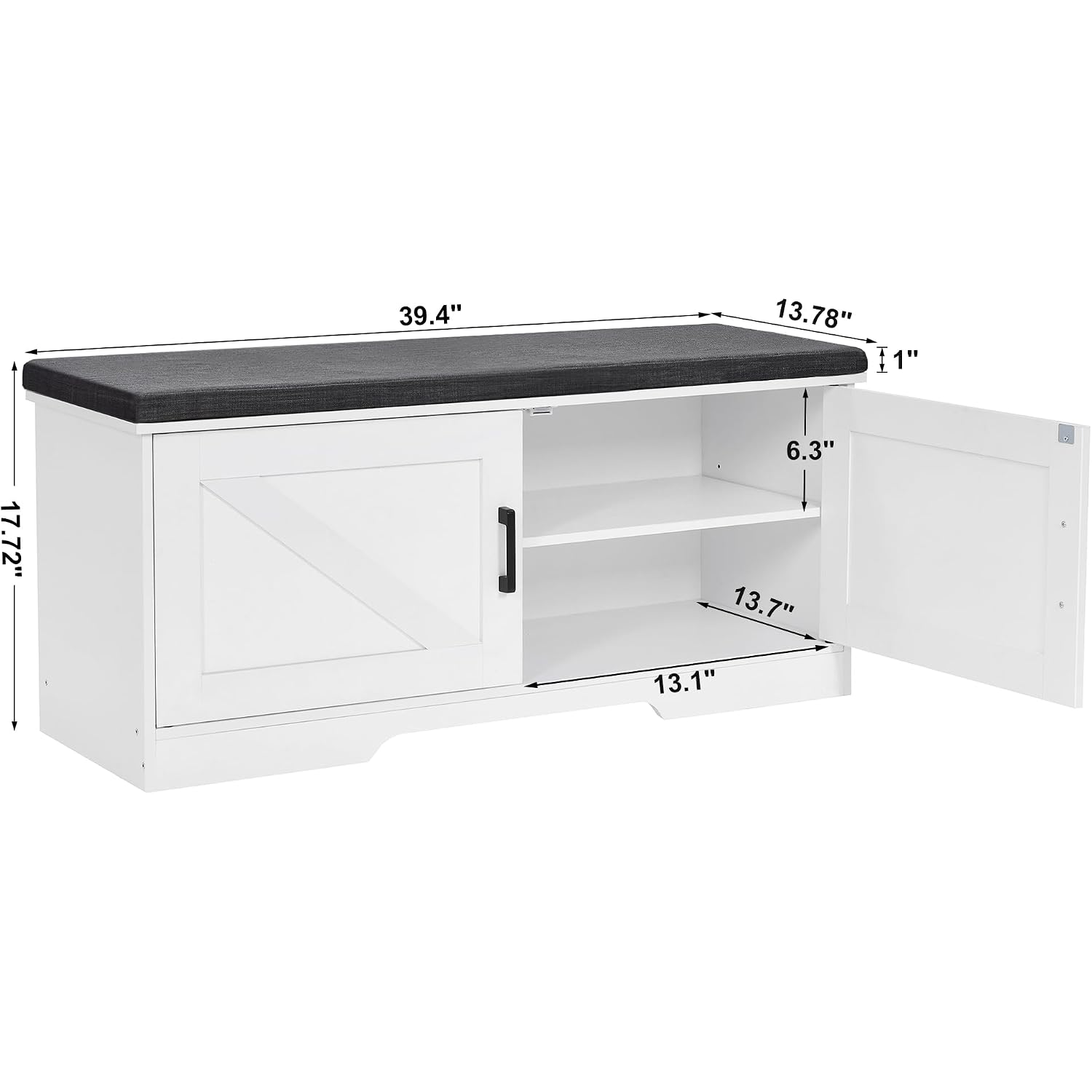 Homsho Farmhouse Shoe Storage Bench With 2 Barn Doors & Padded Seat Cushion | 39.4" Wide Entryway Bench With Adjustable Shelves & Hidden Storage, White
