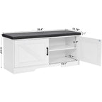 Homsho Farmhouse Shoe Storage Bench With 2 Barn Doors & Padded Seat Cushion | 39.4" Wide Entryway Bench With Adjustable Shelves & Hidden Storage, White