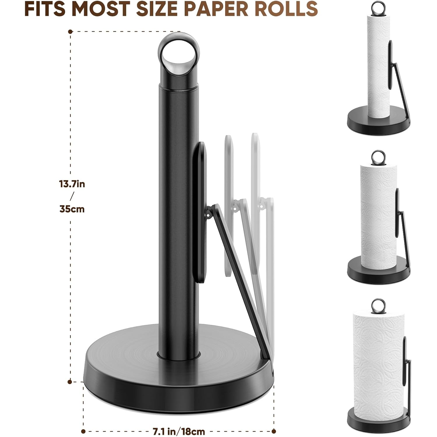Heavy-Duty Stainless Steel Paper Towel Holder With Tension Arm – Easy One-Handed Tear, Modern Standing Countertop Dispenser For Kitchen, Holds All Paper Towel Rolls (1, Black)