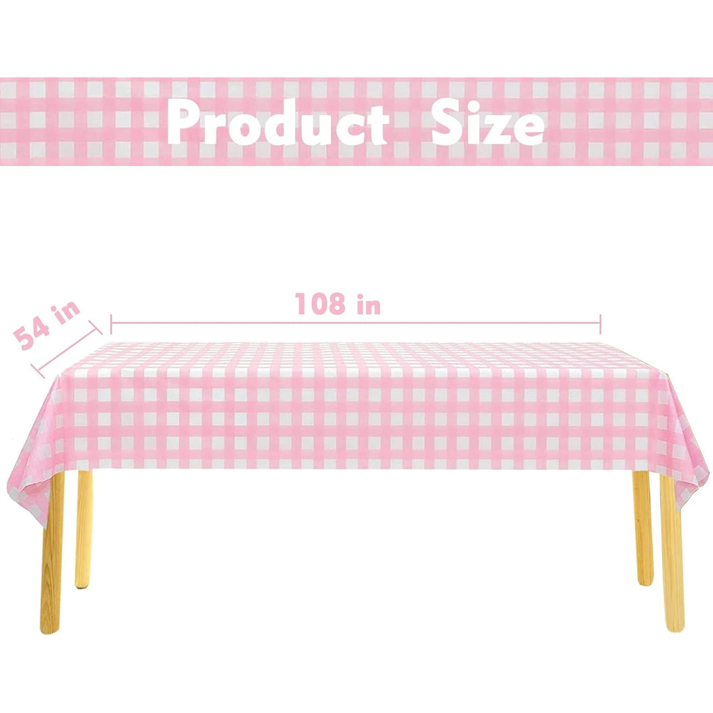 Kesfey 3 Packs Pink Gingham Tablecloth Pink and White Checkered Tablecloths 54 x 108 Inches Disposable Plastic Gingham Tablecovers Waterproof Rectangle Picnic Table Covers for Birthday Party Supplies