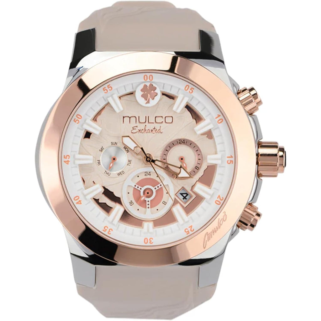 Mulco Luxury Watch For Women, Enchanted Maple - Silver Stainless Steel Case With Wrist Silicone Band, Large Face With Mother Of Pearl And Rose Gold, Quartz Analog Movement, Waterproof