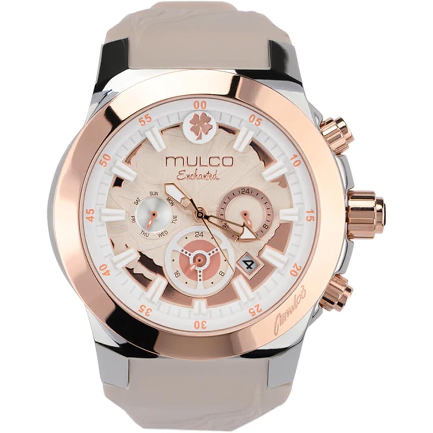 Mulco Luxury Watch For Women, Enchanted Maple - Silver Stainless Steel Case With Wrist Silicone Band, Large Face With Mother Of Pearl And Rose Gold, Quartz Analog Movement, Waterproof
