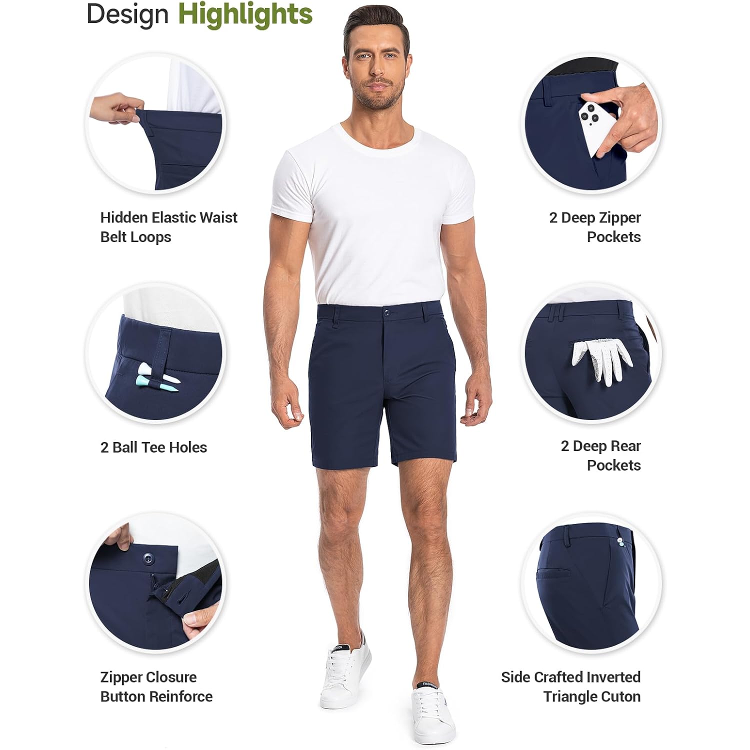Moosehill Mens Golf Shorts Quick Dry: Stretch Hybrid Dress 7" 10" Shorts | Flat Front, Casual Work Shorts, 4 Deep Storage Pockets, Anti Wrinkle Fabric, Level 4 Color Fastness, Lightweight Commuting
