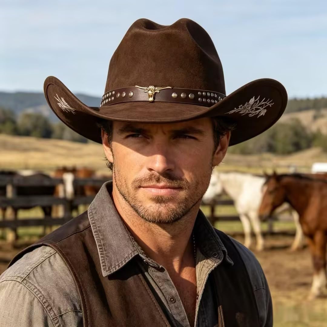 Women Men Western Cowboy Hat, Wide Brim Cattle Head Belted Floral Embroidery Cowgirl Hat Felt Jazz Cap for Rodeo Party Coffee