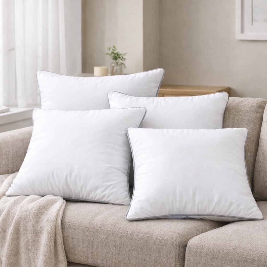 18x18 Throw Pillow Inserts Set of 4, 500g Extra Filled Decorative Pillow Inserts with Grey Piped Edge, Soft Fluffy Supportive Couch Sofa Bed Pillow Forms, Hypoallergenic Polyester Fiber, White