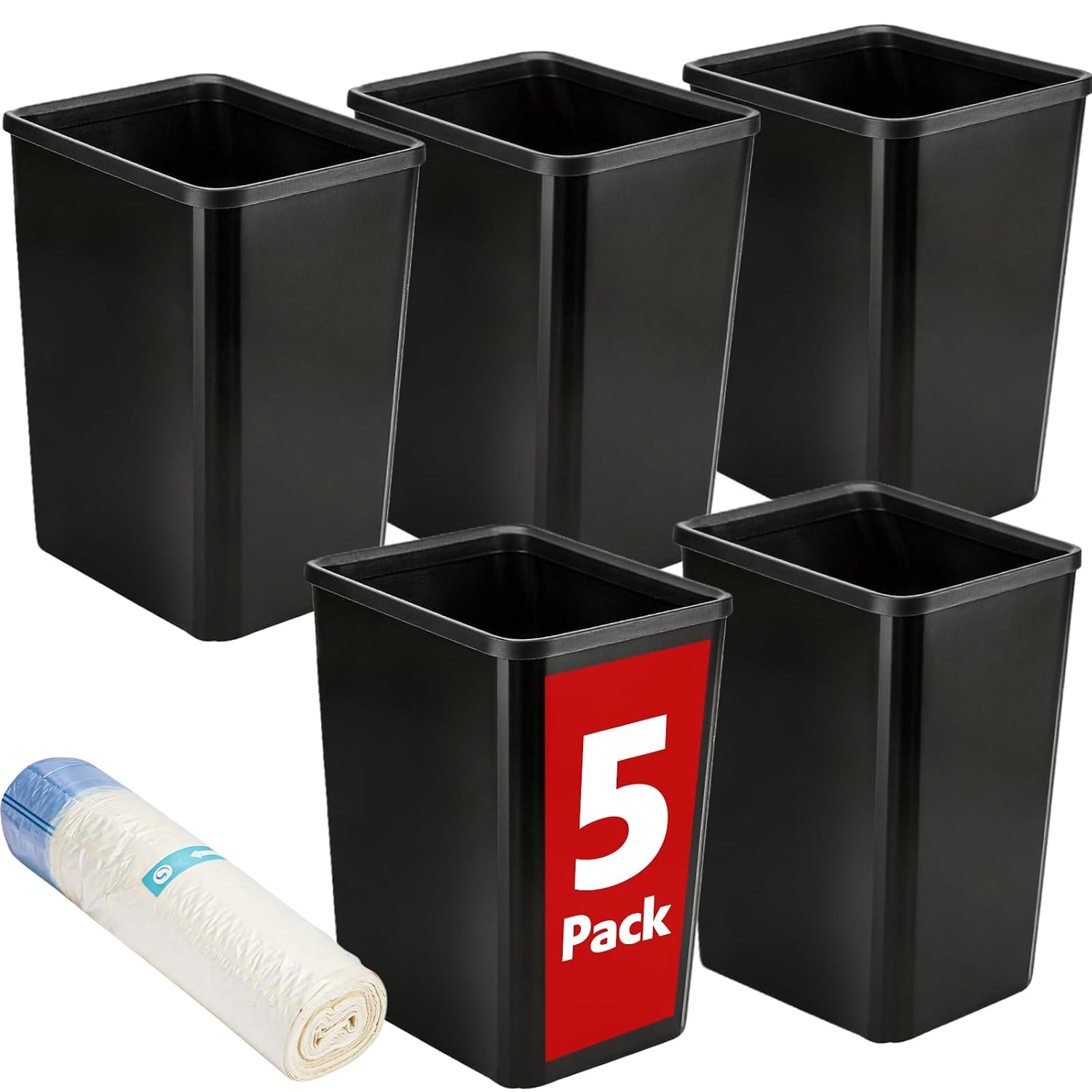 5 Pack Small Trash Can, Plastic Wastebaskets, 3.5 Gallon Small Garbage Can For Bathroom, Bedroom, Kitchen, Offices, Black