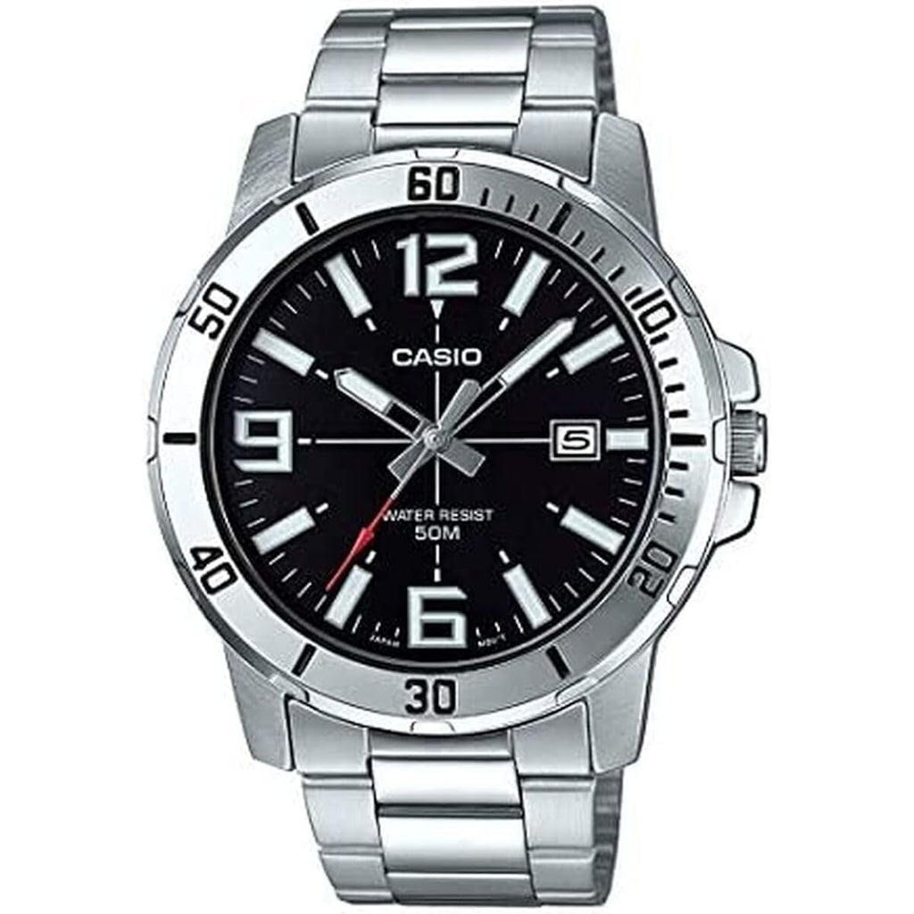 Casio Mtp-Vd01D-1Bv Men'S Enticer Stainless Steel Black Dial Casual Analog Sporty Watch, Silver, 48×42×10.7Mm, Quartz Movement