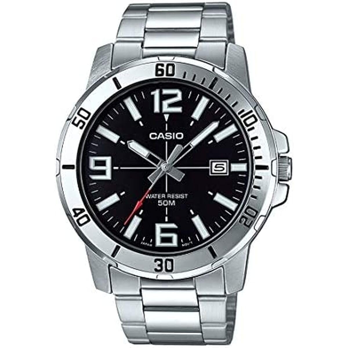 Casio Mtp-Vd01D-1Bv Men'S Enticer Stainless Steel Black Dial Casual Analog Sporty Watch, Silver, 48×42×10.7Mm, Quartz Movement