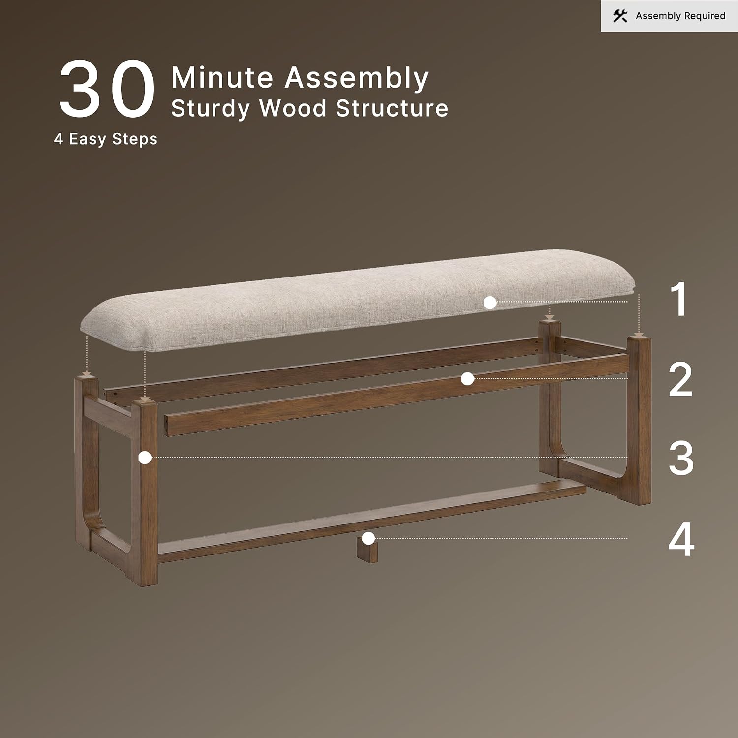 Signature Design By Ashley Cabalynn Farmhouse Upholstered Dining Bench, Foam Cushion, Hardwood Solids, 63.5" W X 16.5" D X 19.75" H, Beige & Light Brown