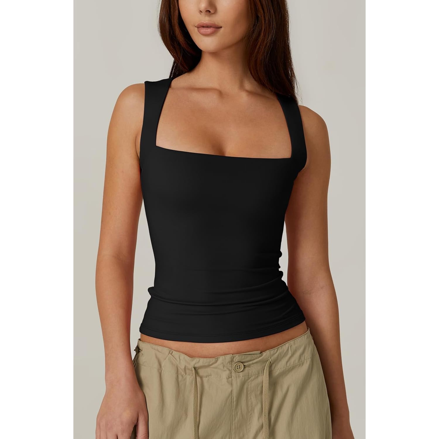 Women's Double Layer Tank Tops Square Neck Sleeveless Basic Tight T Shirts