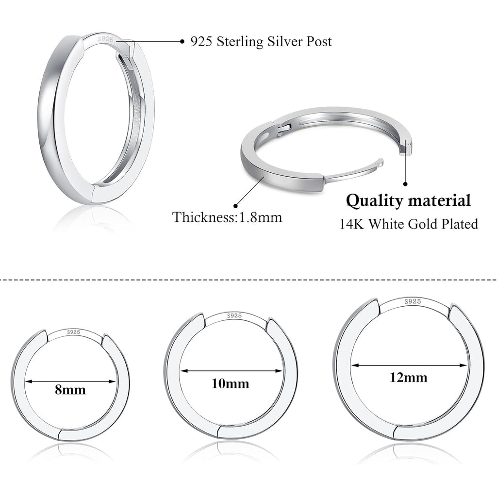 3 Pairs 925 Sterling Silver Hoop Earrings 14K White Gold Plated Small Silver Hoops Cartilage Huggie Earrings for Women Men
