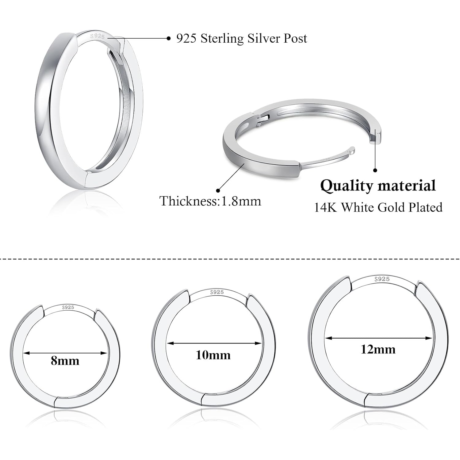 3 Pairs 925 Sterling Silver Hoop Earrings 14K White Gold Plated Small Silver Hoops Cartilage Huggie Earrings for Women Men