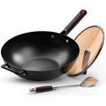 13.5" Carbon Steel Wok Pan - Pre-Seasoned Flat Bottom Woks & Stir-fry Pans Chinese Cookware with Lid & Spatula - For Pan-fry,Stir Fry, Steam, BBQ & Camping - Compatible with Induction, Gas