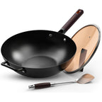 13.5" Carbon Steel Wok Pan - Pre-Seasoned Flat Bottom Woks & Stir-fry Pans Chinese Cookware with Lid & Spatula - For Pan-fry,Stir Fry, Steam, BBQ & Camping - Compatible with Induction, Gas