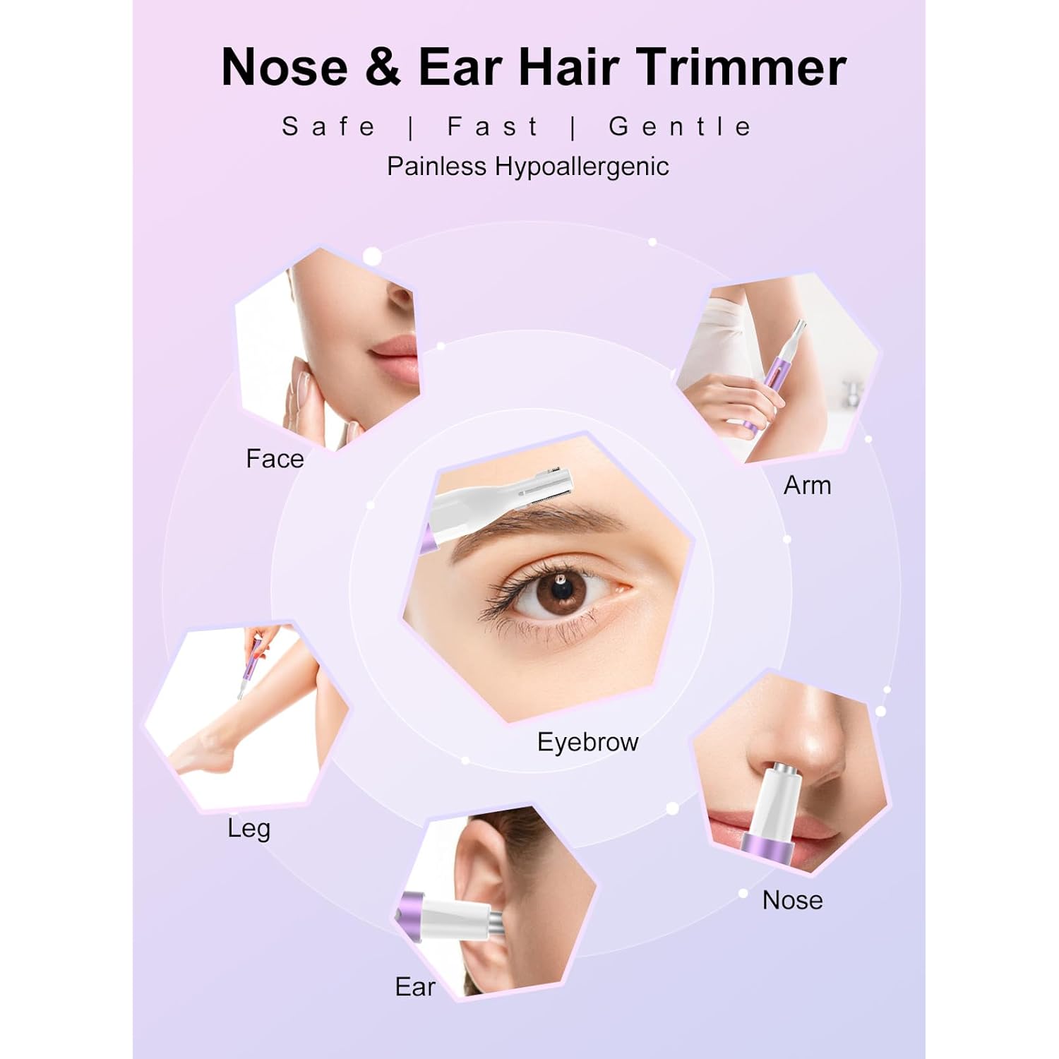 Ginity Ear and Nose Hair Trimmer for Women & Men, 2-in-1 Rechargeable Painless Facial & Eyebrow Hair Remover Tool, Electric Clipper with Dual-Edge Blades, Easy to Clean