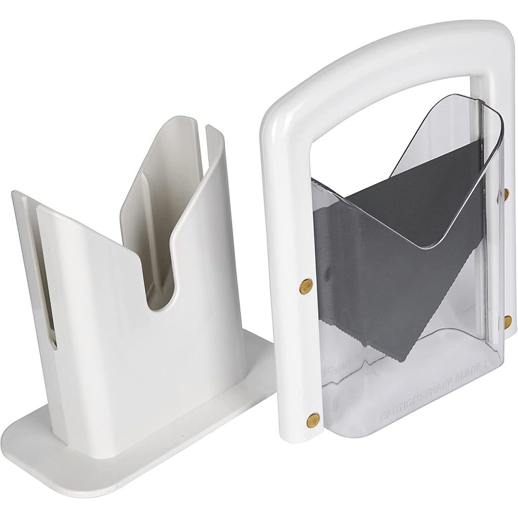 Hoan Bagel Biter Slicer and Cutter with Safety Shield - Serrated Blade Cuts Bagels, Muffins, Buns and Rolls - Dishwasher Safe Bagel Guillotine, 9.25 Inches Tall, White