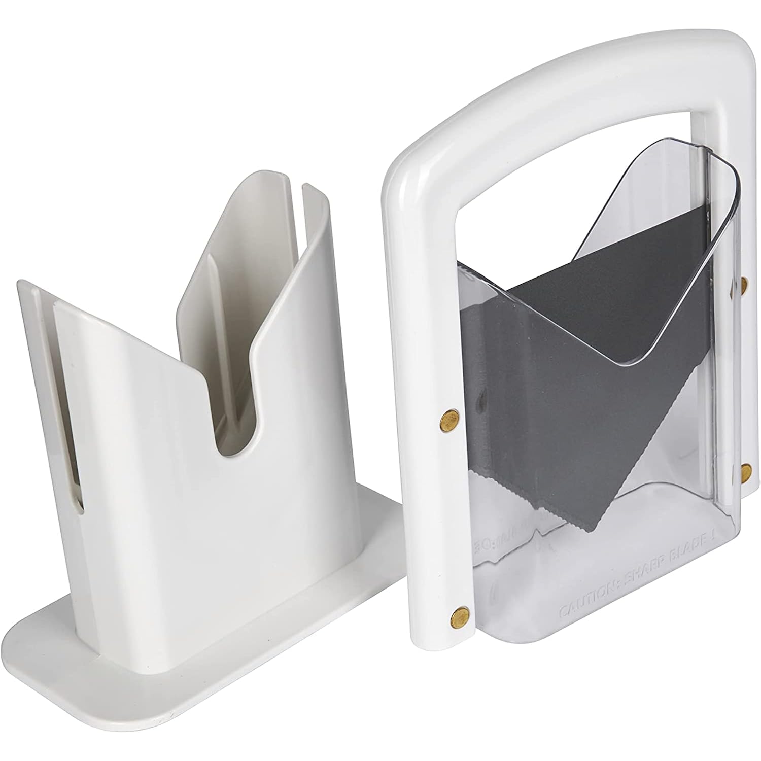 Hoan Bagel Biter Slicer and Cutter with Safety Shield - Serrated Blade Cuts Bagels, Muffins, Buns and Rolls - Dishwasher Safe Bagel Guillotine, 9.25 Inches Tall, White
