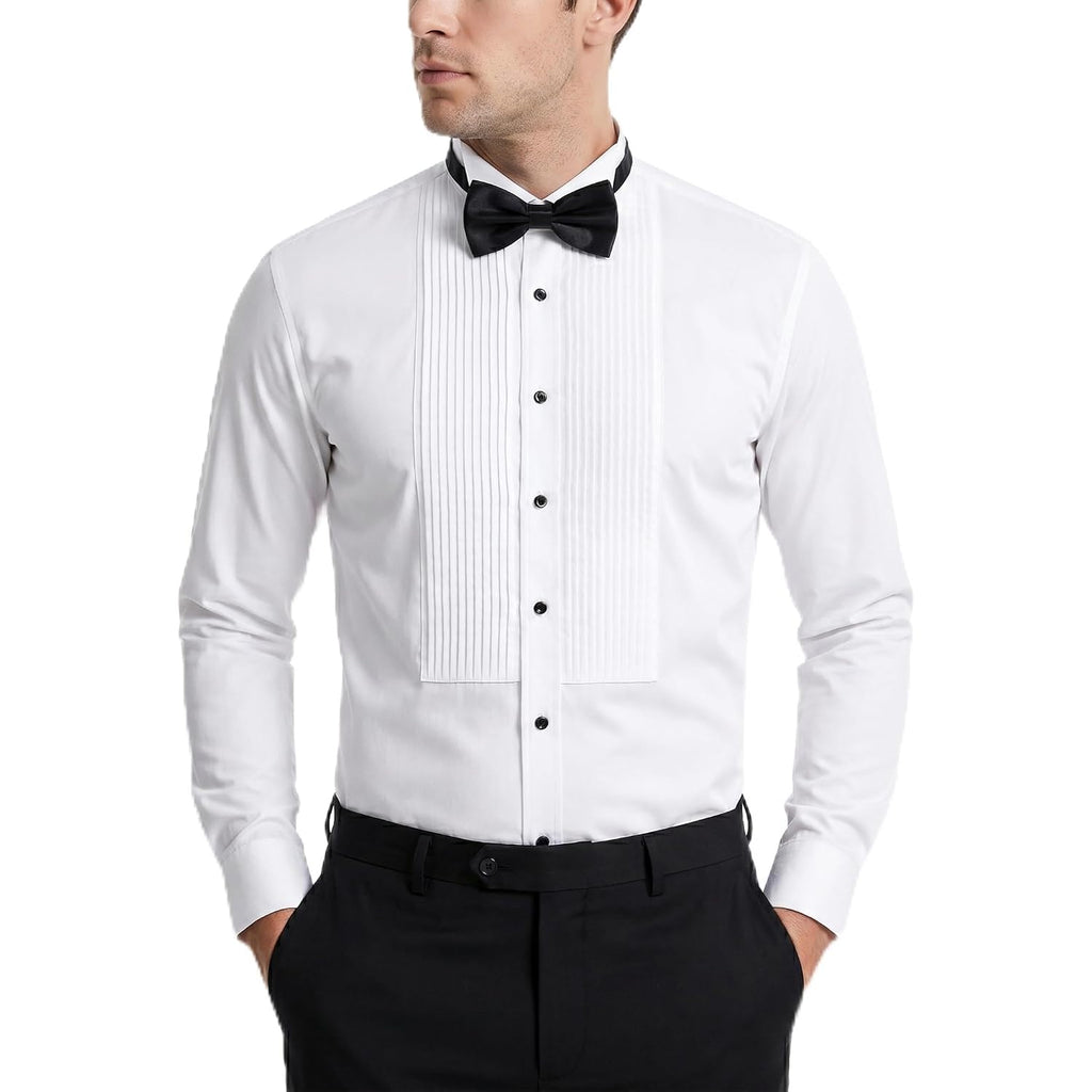 Men'S White Tuxedo Shirt With Wing Collar, French Cuffs & Accessories