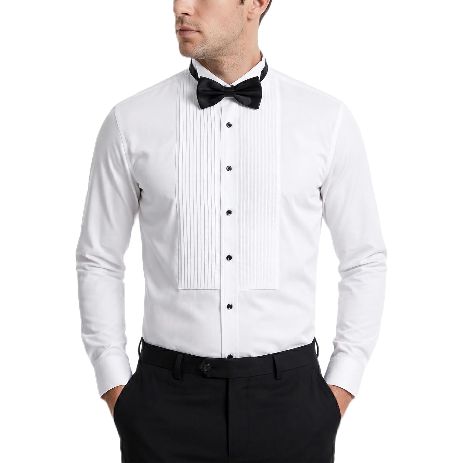 Men'S White Tuxedo Shirt With Wing Collar, French Cuffs & Accessories