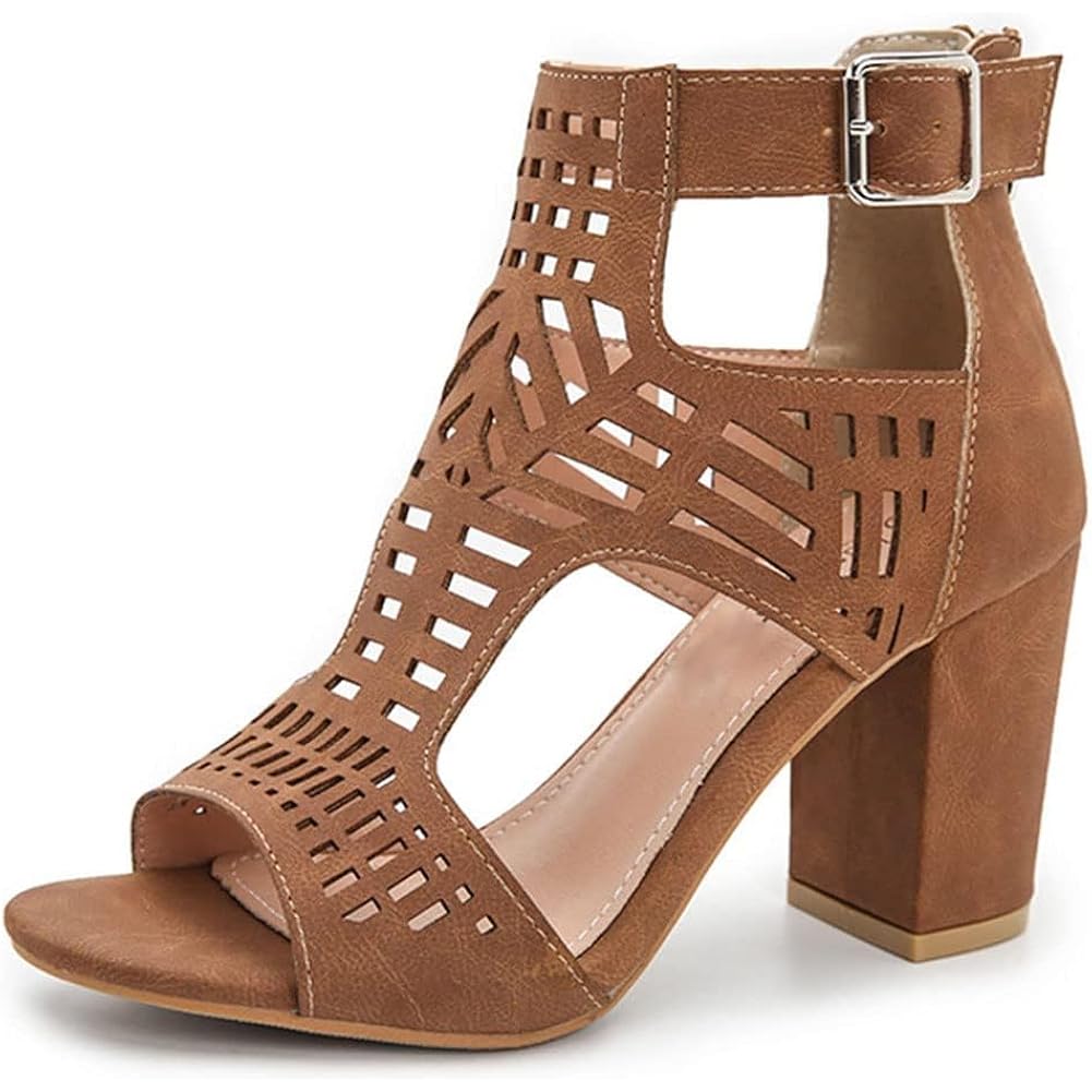 Heeled Sandals For Women Open Toe Chunky Heels For Women Bohemian Cutout Wedge Summer Heels Block Heeled Party Sandals Womens