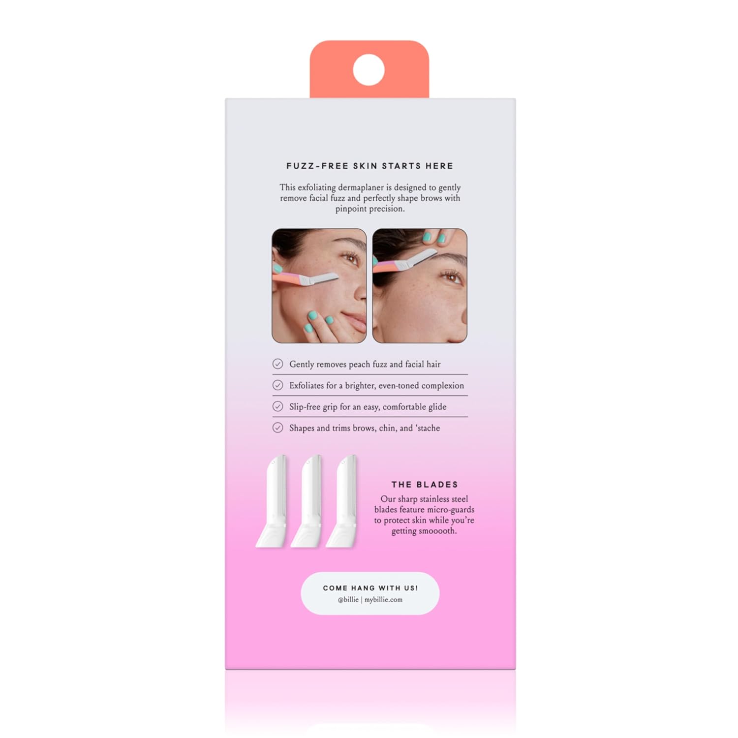 Billie - Dermaplane Starter Kit - Reusable Handle + 3 Refill Blades - Remove Facial Hair + Perfectly Shape Brows - Dermatologist-Approved - Malibu