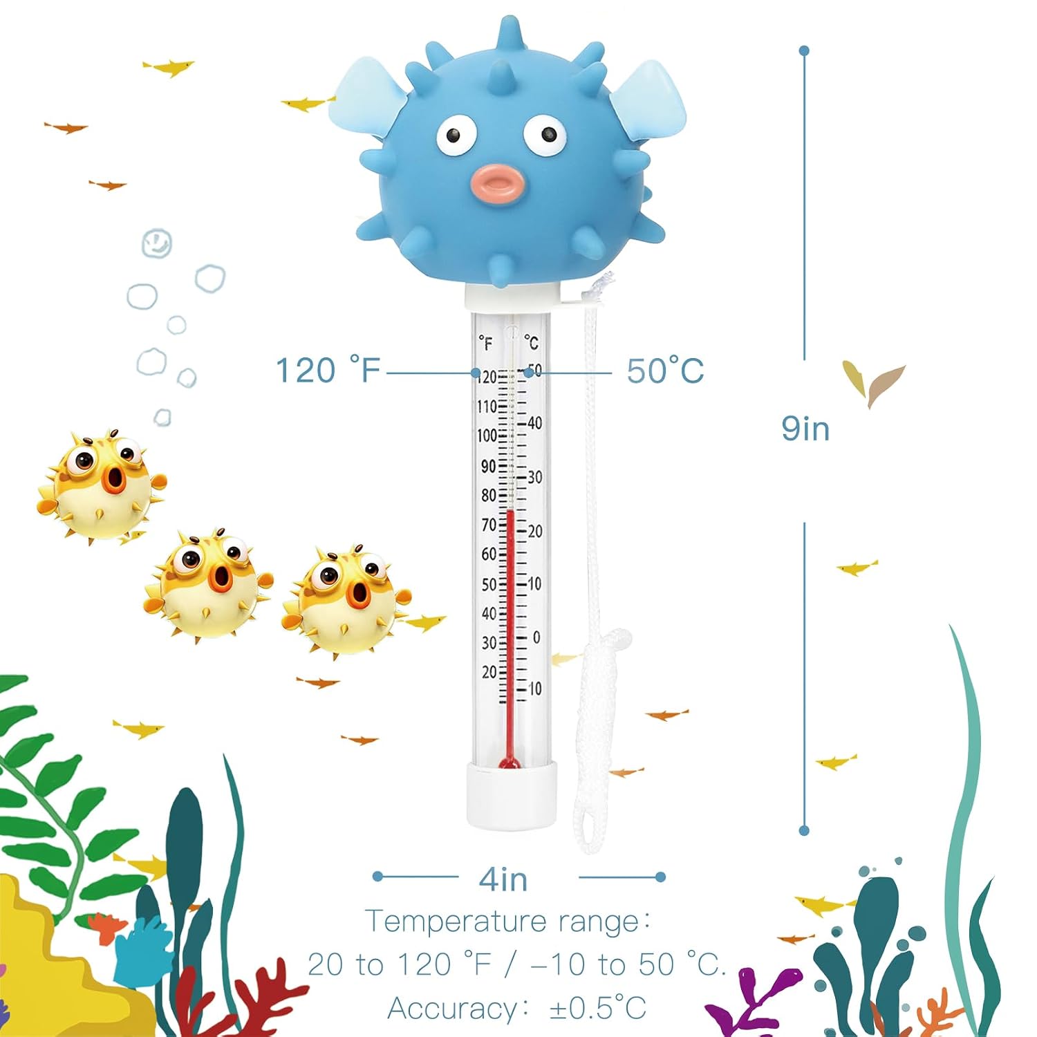 Xy-Wq Floating Pool Thermometer, Large Size Easy Read For Water Temperature With String For Swimming Pools, Hot Tubs, Ponds, Spas (Puffer)