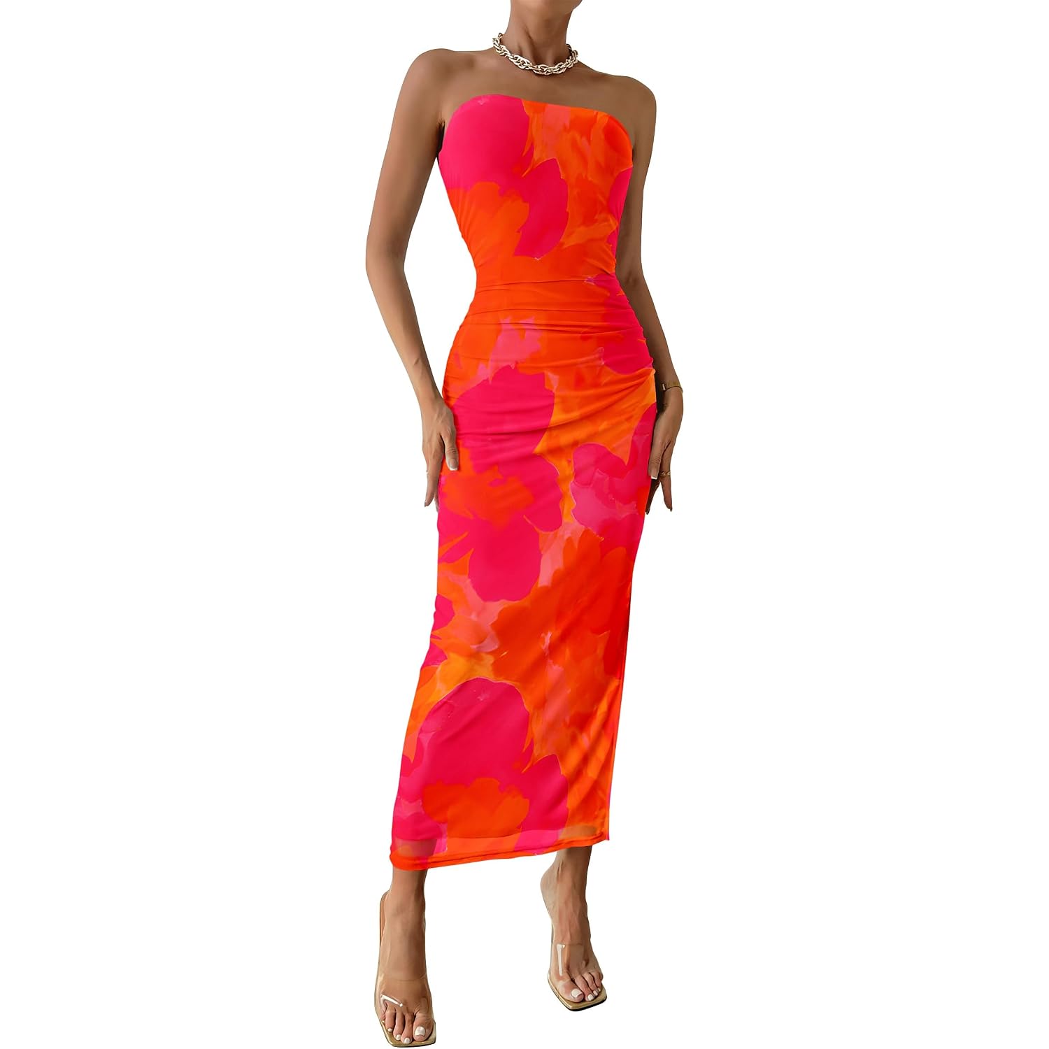 Prettygarden Women'S Summer Wedding Guest Dress Strapless Tube Top Maxi Bodycon Long Floral Mesh Beach Vacation Party Dresses