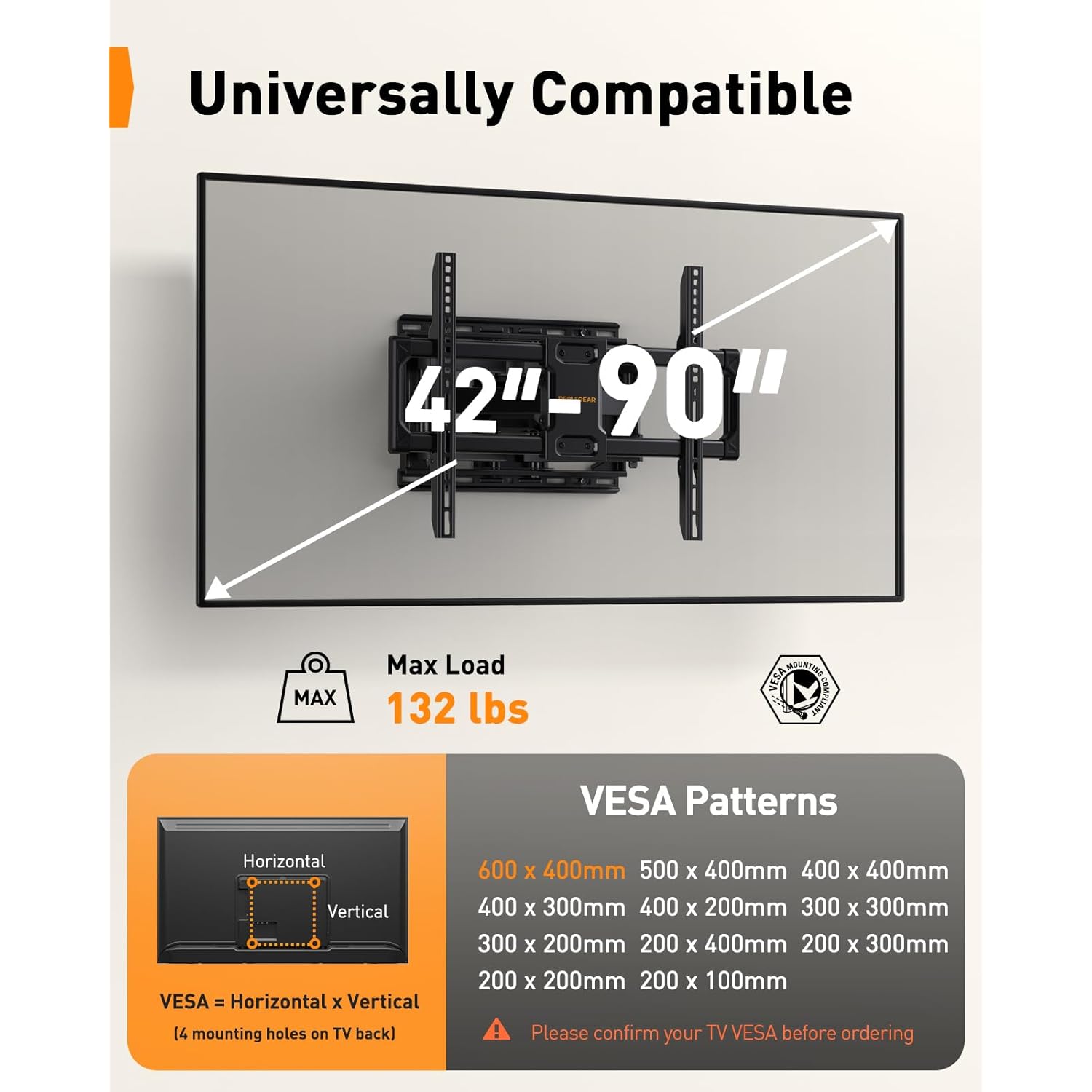 Perlegear UL Listed Full Motion TV Wall Mount for 42-90" TVs up to 132lbs, Heavy Duty TV Mount with Dual Articulating Arms, Tool-Free Smooth Tilt, Swivel, Fits 16" Studs, Max VESA 600x400mm, PGLF8