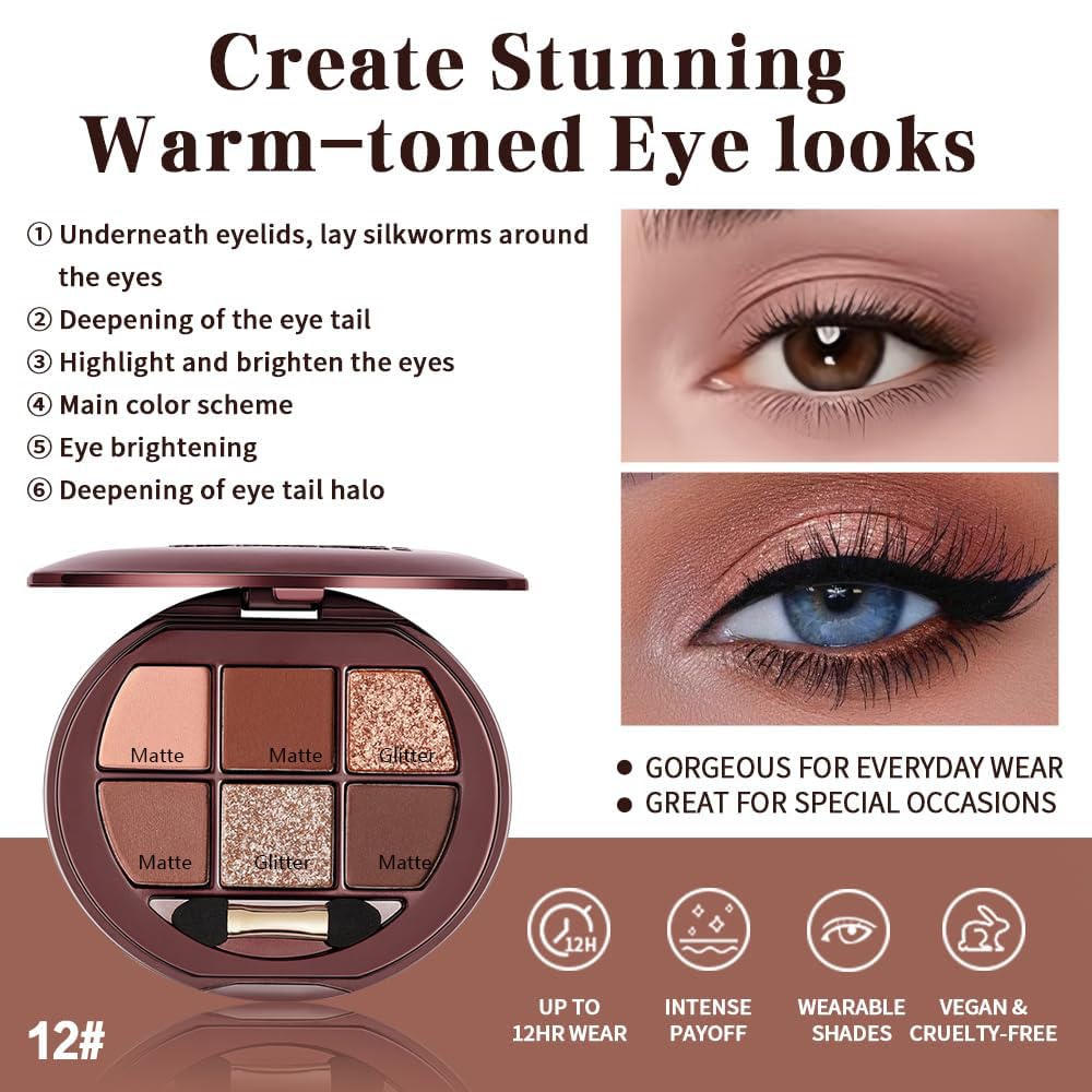 6 Color Matte Shimmer Eyeshadow Palette, Neutral Brown Eye Shadow, Nude Warm Tone Everyday Makeup Palette, Smooth Blendable Long Lasting Soft Glam Smokey Eye Look 12