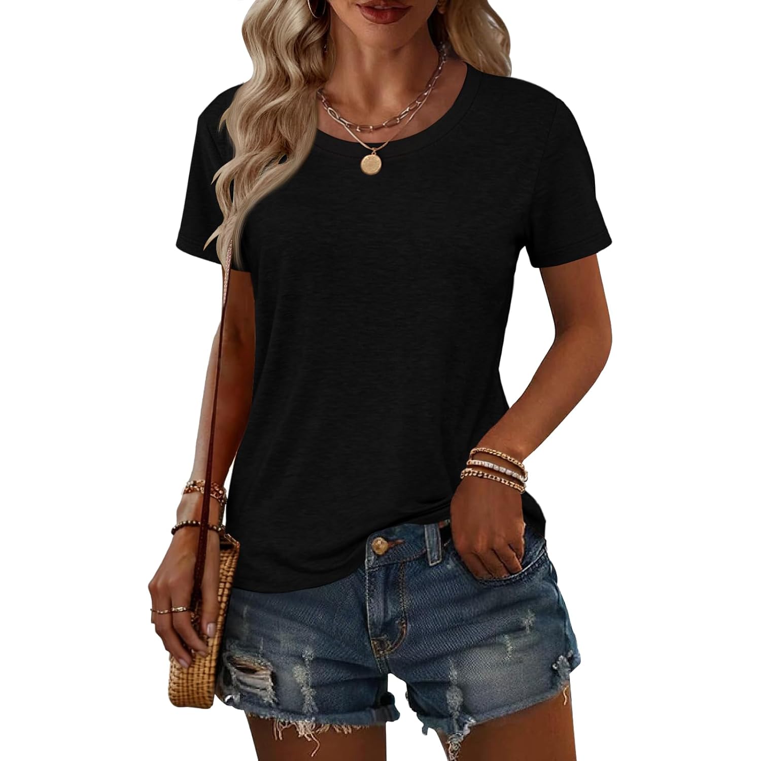 2PCS Women Short Sleeve T Shirts Crew Neck Solid Soft Basic Tee Casual Loose Fit Lightweight Summer Tops Clothes 2026