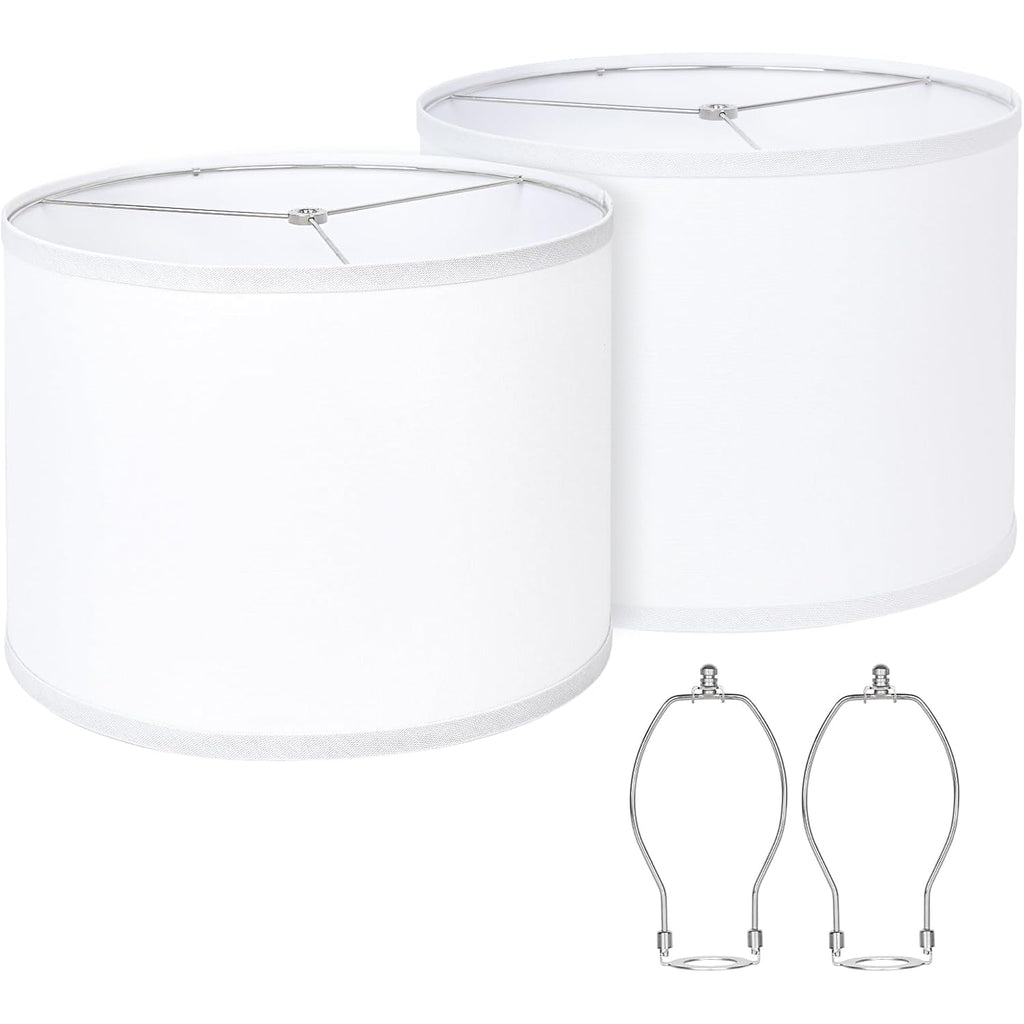 Drum Lamp Shades Set Of 2, 13"X13"X10", Spider Fitter Finials | White Large Replacement Linen Lampshades For Table Lamps, Floor Lamps, Easy Assembly, 13" Top X 13" Bottom X 10" High