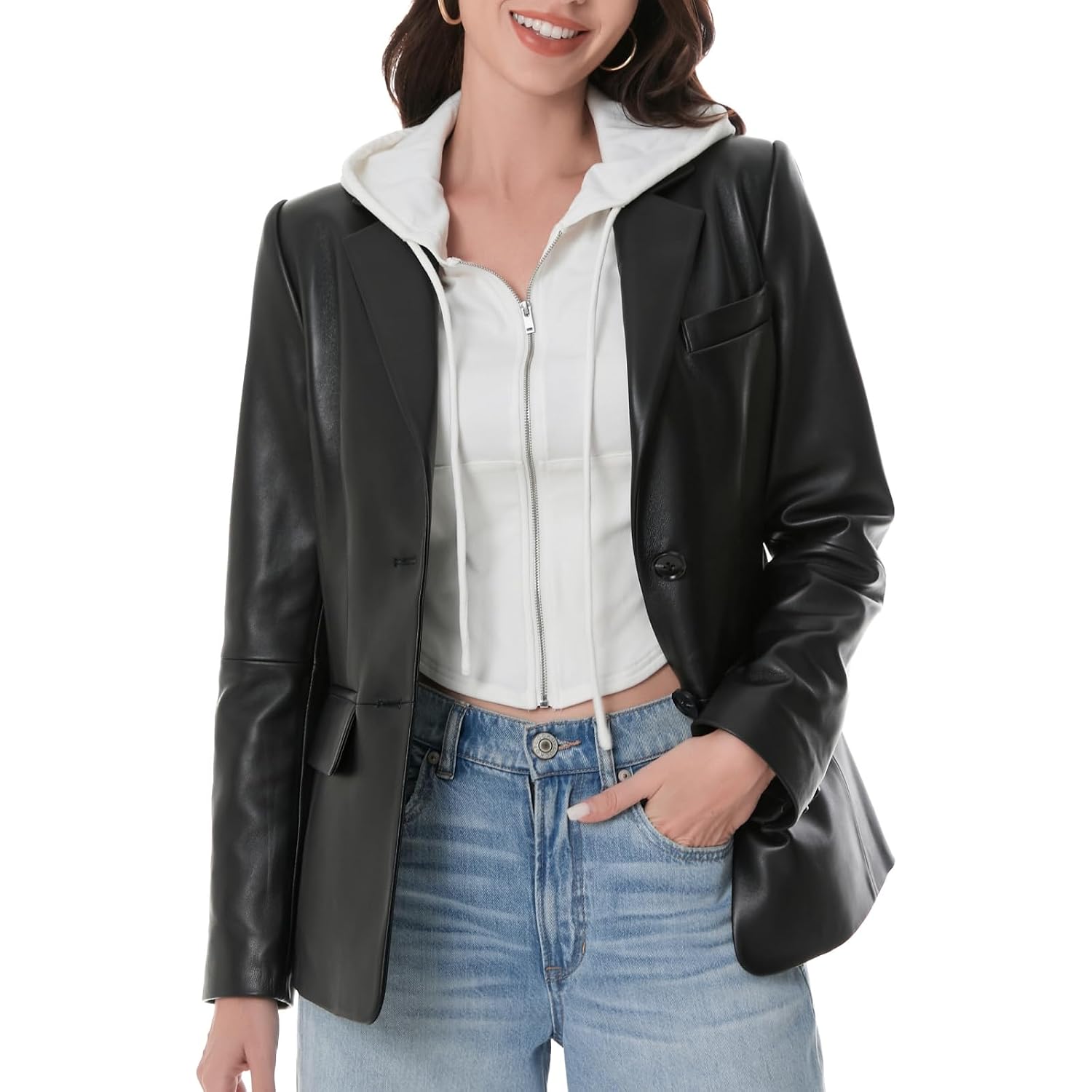 Casual Leather Jacket Women,Lambskin Leather Blazer,Versatile Outfits