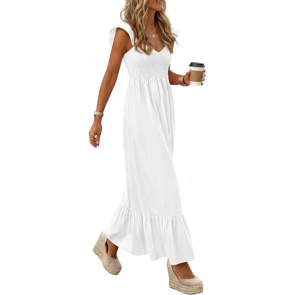Prettygarden Women'S 2026 Summer Casual Maxi Dresses Cap Sleeve V Neck Smocked Long Pockets Party Sundress Vacation Outfits