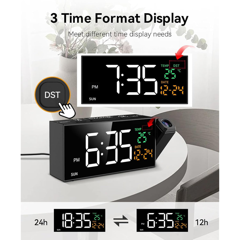 Projection Clock For Bedroom Ceiling, Alarm Clocks With 180° Rotatable Projector, Date Temperature And Weekday, Manual Dst, 5 Brightness, 10 Ringtones, 4 Volumes And Snooze (Black)