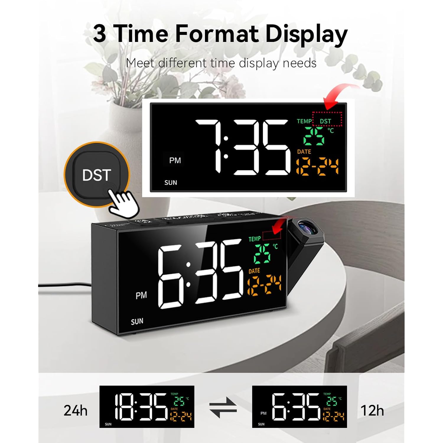 Projection Clock For Bedroom Ceiling, Alarm Clocks With 180° Rotatable Projector, Date Temperature And Weekday, Manual Dst, 5 Brightness, 10 Ringtones, 4 Volumes And Snooze (Black)