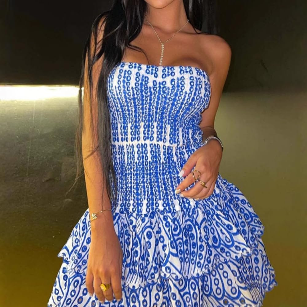 Tube Top Preppy Dress Women Y2K Blue Floral Strapless Mini Dress Vintage Short Going Out Dresses