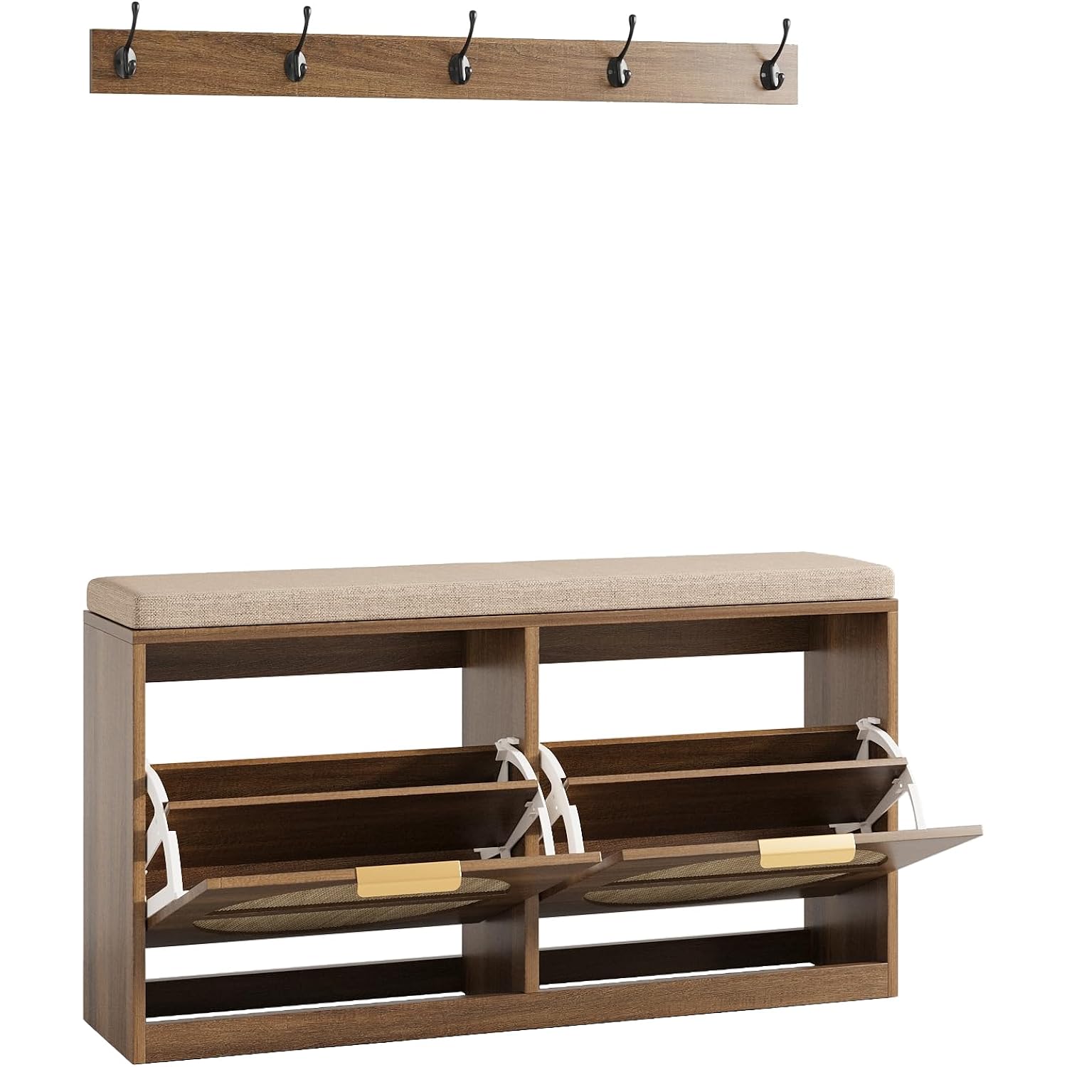 Maupvit Rattan Entryway Bench With Seat Cushion & Coat Rack, Shoe Storage Cabinet With 2 Flip Drawers, Narrow Shoe Rack, 5 Sturdy Metal Hooks, Rustic Oak Rattan