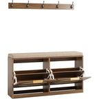 Maupvit Rattan Entryway Bench With Seat Cushion & Coat Rack, Shoe Storage Cabinet With 2 Flip Drawers, Narrow Shoe Rack, 5 Sturdy Metal Hooks, Rustic Oak Rattan