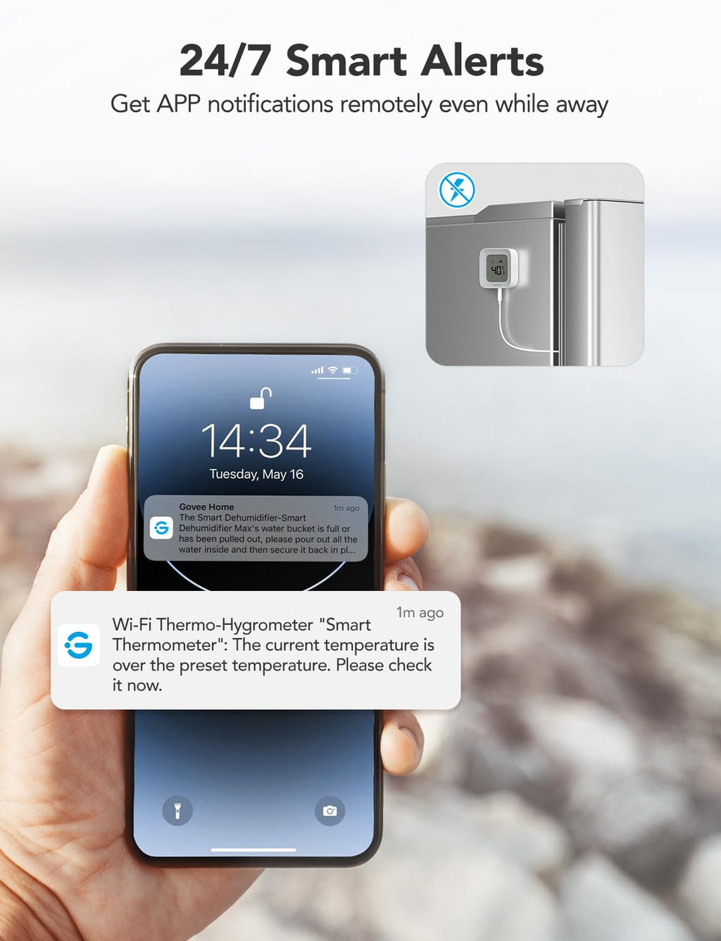 Goveelife Wifi Refrigerator Thermometer 2-Pack With Gateway & Lcd Display | Freezer Alarm Fridge Monitor With App Alerts & Anti-False, 197Ft Range, 2-Yr Data Export. For Freezer/Fish Tank/Hot Tub