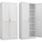 Kitchen Pantry Cabinet,71”White Metal Pantry Storage Cabinet With Doors And 4 Adjustable Shelves,Kitchen Cabinet With 2 Gold Handles,Tall Cabinet For Livingroom,Pantry, Bathroom,Kitchen