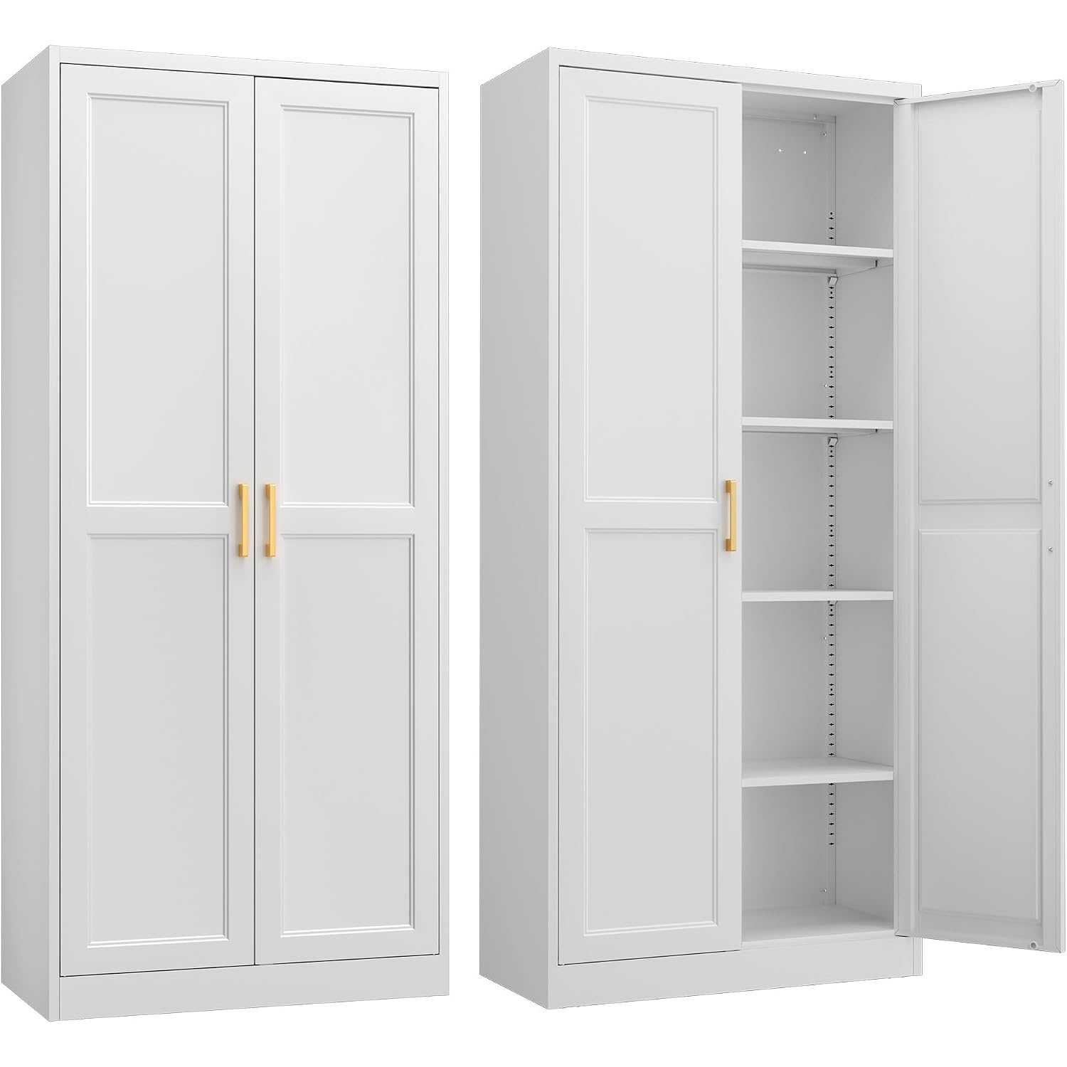 Kitchen Pantry Cabinet,71”White Metal Pantry Storage Cabinet With Doors And 4 Adjustable Shelves,Kitchen Cabinet With 2 Gold Handles,Tall Cabinet For Livingroom,Pantry, Bathroom,Kitchen