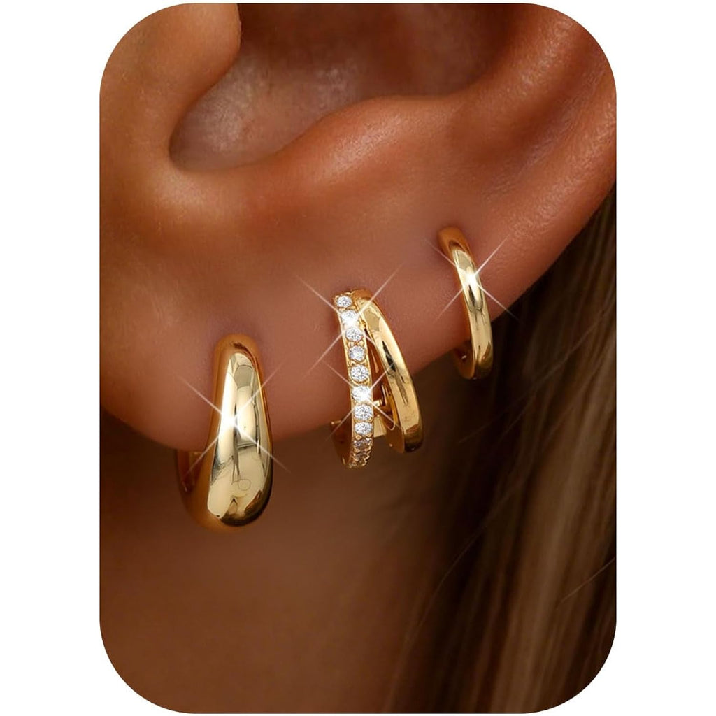 MILACOLATO 3 Pairs Small 14K Gold Plated Hoop Earrings for Women Trendy Hypoallergenic Silver Earring Stacks Huggie Hoops Earring Sets for Multiple Piercing Chunky Double Hoop Jewelry Lightweight