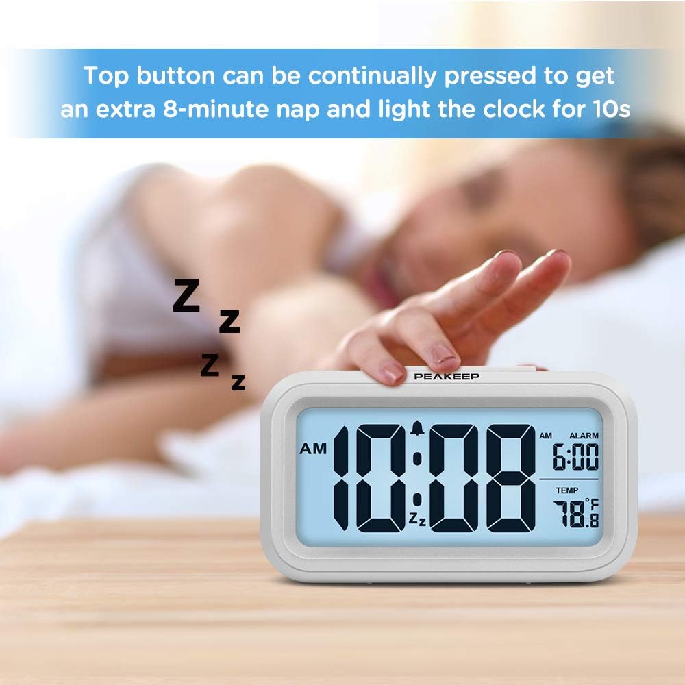 Peakeep Night Light Digital Alarm Clock Battery Operated Indoor Temperature | Small Cordless Cute Clock For Bedroom Desk Travel, Simple To Use For Teens Kids (White)