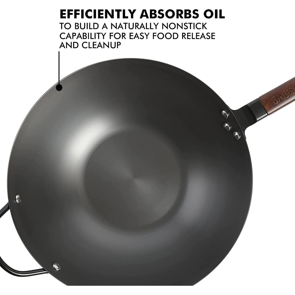 Babish Carbon Steel Wok 14 Inch Flat Bottom Stir Fry Pan Durable Heavy Duty Cookware For High Heat Cooking Stir Fry Sautéing Frying Compatible With Gas Electric And Induction Stovetops